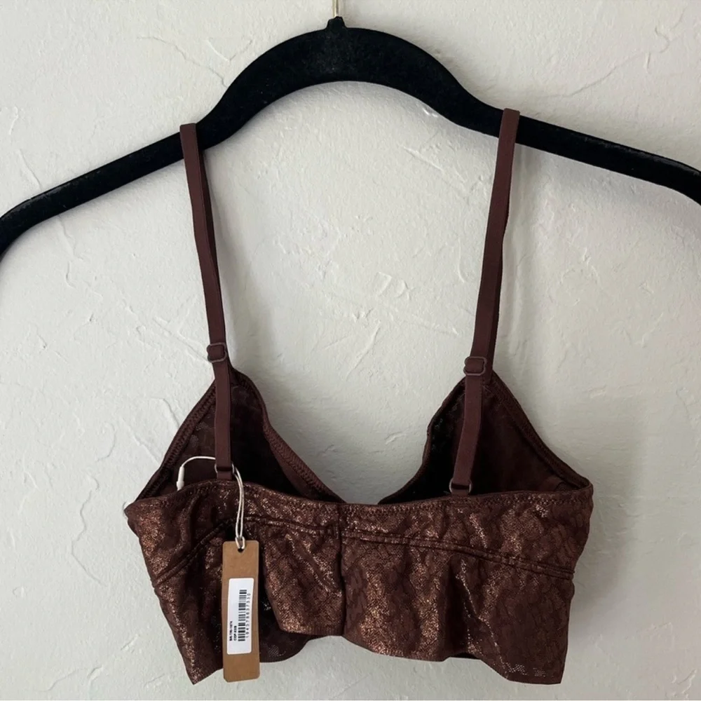 NWT SKIMS LOGO (B17) FOIL MESH SKIMPY TRIANGLE BRALETTE IN COFFEE XS - Picture 2 of 4